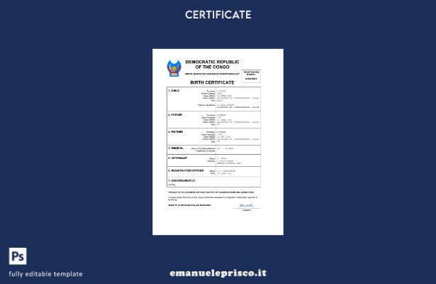 stile verificato Certificato di nascita della Repubblica Democratica del Congo m
